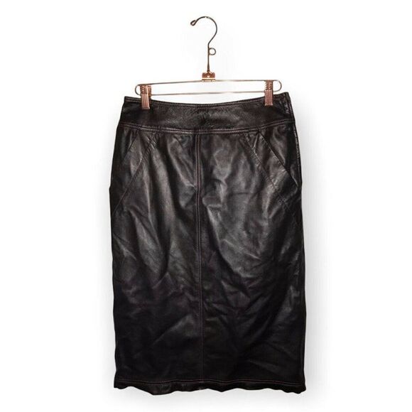 Leather Skirt Womens Red Stitching Slash Pockets Back Pockets Italy Size 8 Black - Picture 3 of 11
